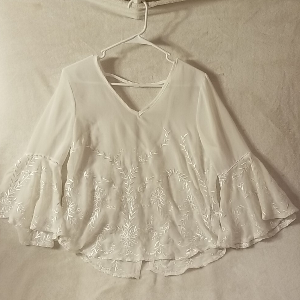 Open-Back Angel-Sleeve Chiffon Embroidered Blouse